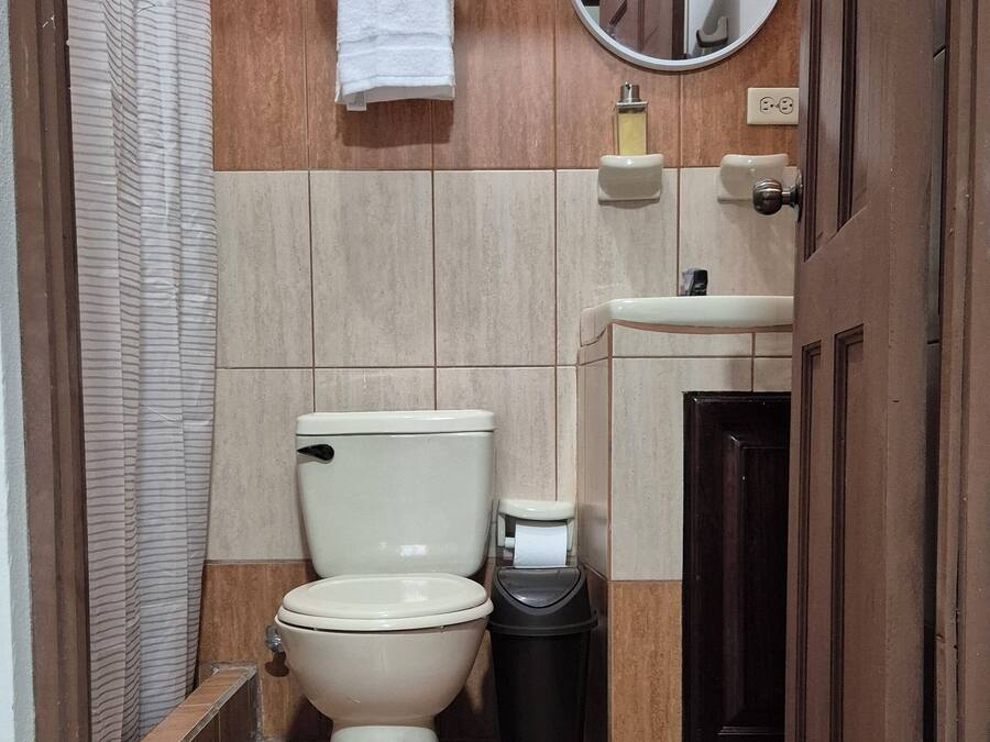A small bathroom with a toilet, a sink, a mirror, and a trash bin.
