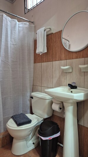 Standaard driepersoonskamer | Badkamer | Een douche, handdoeken, zeep, shampoo