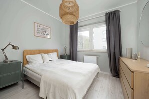 1 bedroom, desk, iron/ironing board, travel cot