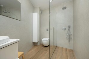 Shower, hair dryer, towels, shampoo