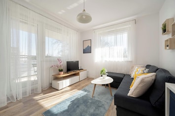 A bedroom with a dark sofa and TV, light walls and a large window letting in natural light.