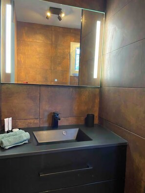 A modern bathroom with a dark countertop, a sink, and a large mirror.