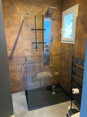 A modern bathroom with a glass-enclosed shower, a toilet, and a towel rack.