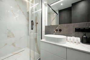 Shower, hair dryer, towels, shampoo