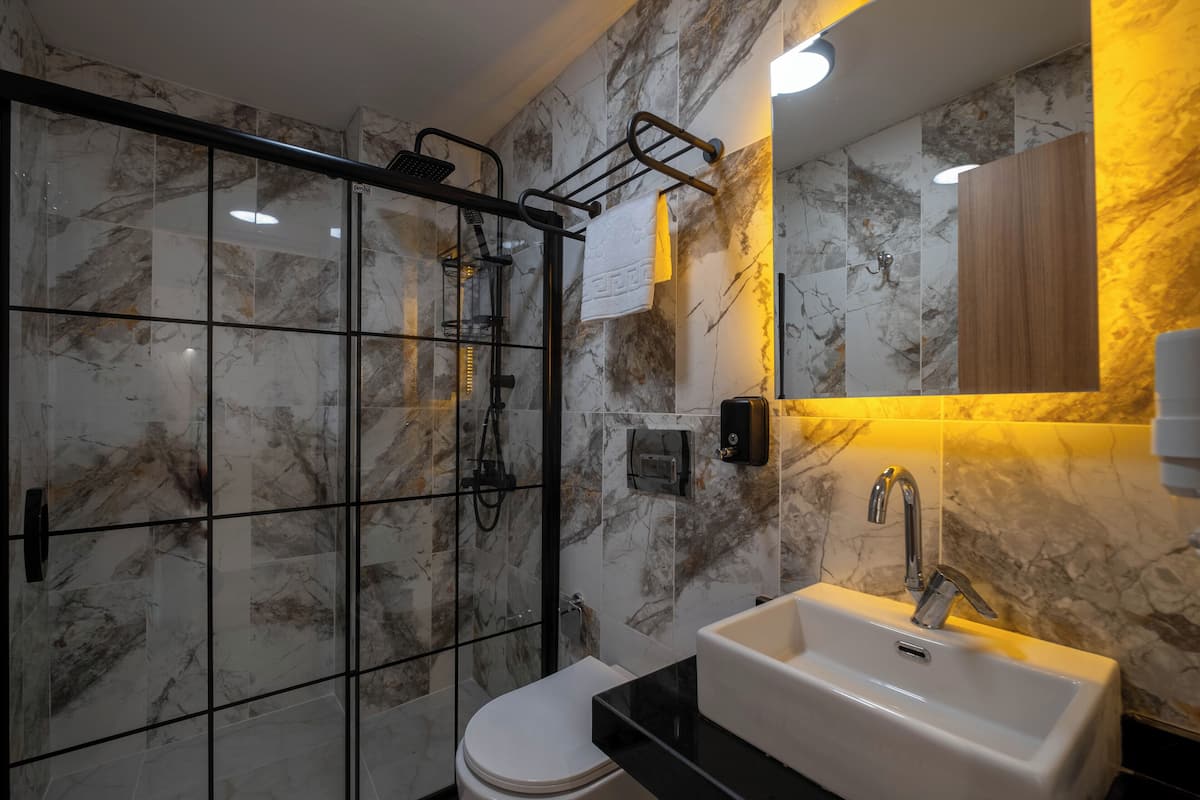 Shower, free toiletries, hair dryer, slippers