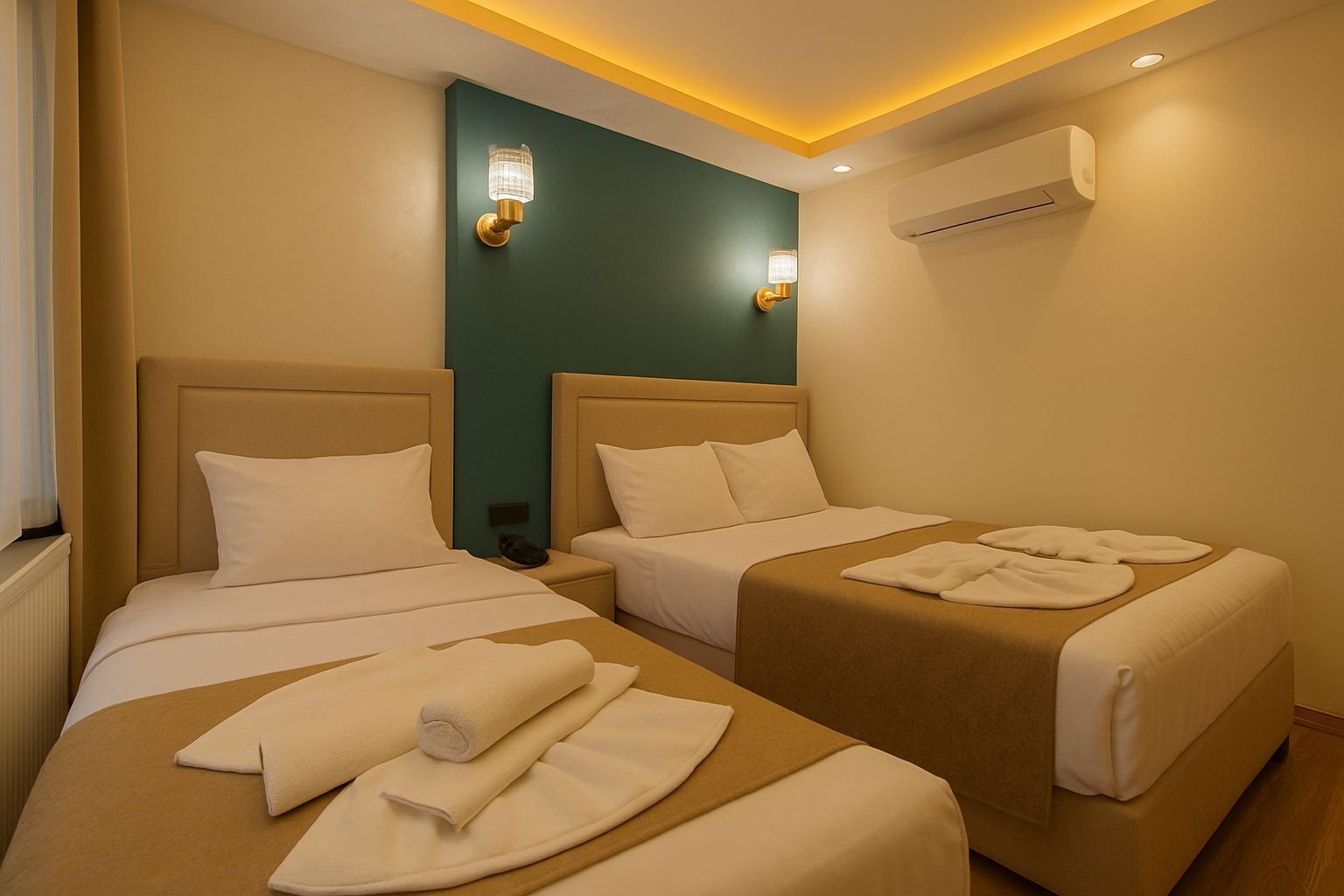 A hotel room with two beds, beige bedding, a teal accent wall, and a ceiling light fixture.