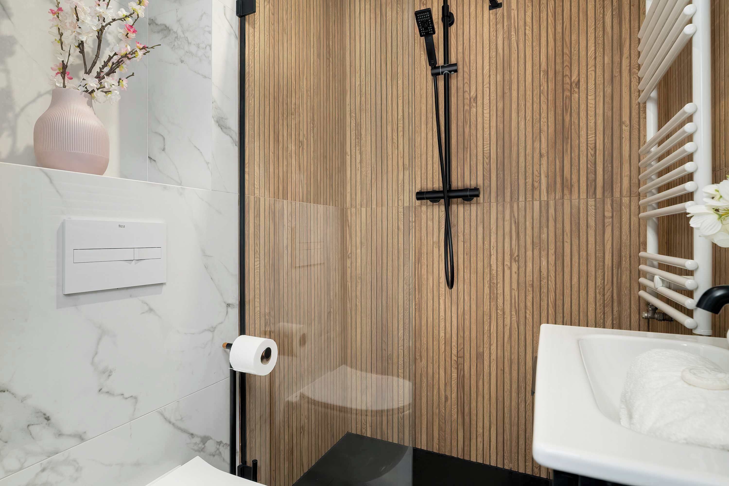 Shower, hair dryer, towels, shampoo