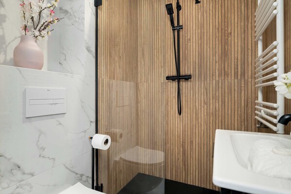 Dusche, Haartrockner, Handtücher, Shampoo