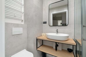 Dusche, Haartrockner, Handtücher, Shampoo