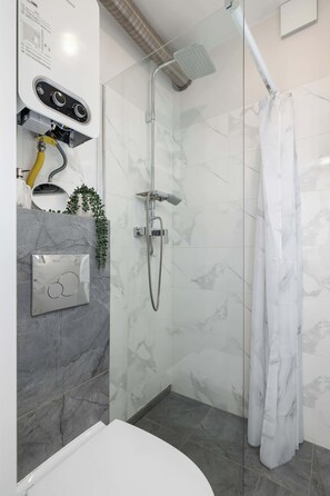 Shower, hair dryer, towels, shampoo