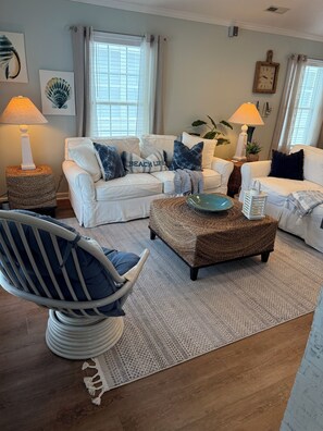 Smart TV, fireplace, books