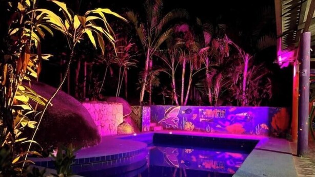 A swimming pool with a stone border and a mural, surrounded by tropical plants and illuminated by purple lighting. - Amazing private room for 3 to 200 meters from Tayrona Park (Santa Marta)