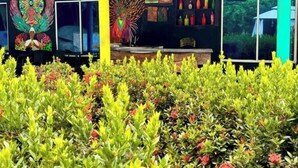 A building with a colorful mural, a reception area, and a cafe bar. - Amazing private room for 3 to 200 meters from Tayrona Park (Santa Marta)