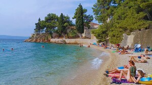 A beach with clear waters, people swimming and sunbathing, and trees on the cliff. - Stone House With two Balconies and the sea View (Bol)