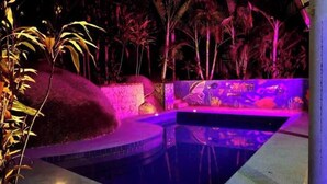 Une piscine avec un mur en pierre et des plantes tropicales.