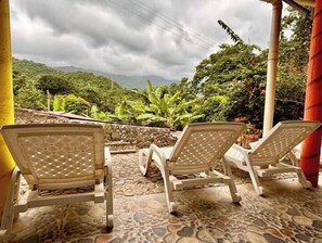 Un espacio cubierto con mobiliario al aire libre, suelo de piedra y sillas orientadas hacia un exuberante jardín con plantas de plátano.