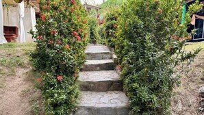 Uma escadaria de pedra rodeada por vegetação exuberante e flores vermelhas.