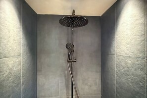 Eine Dusche mit Handbrause und Deckenbrause in einem gefliesten Raum.