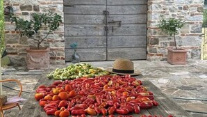 Un edificio rustico in pietra con una porta in legno. Davanti, un tavolo con diverse frutta e verdura, tra cui pomodori, mele e peperoni verdi.