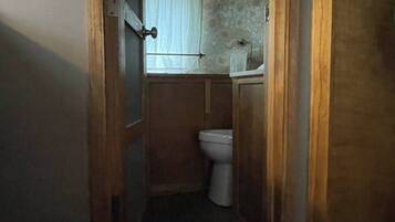 Een smalle gang die leidt naar een kleine badkamer met toilet en een raam met gordijnen.