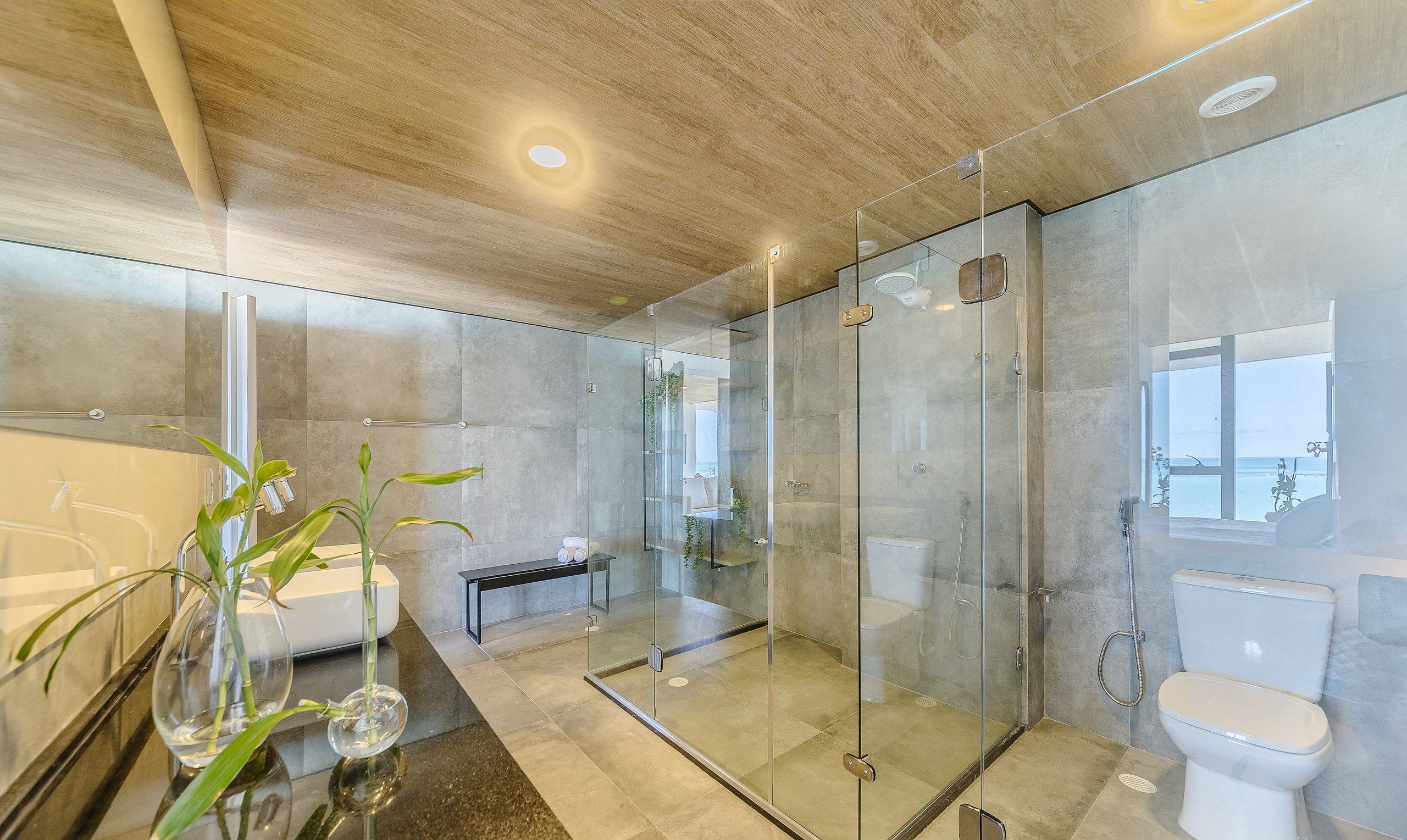 A modern bathroom with a glass-enclosed shower, a bathtub, and a toilet.