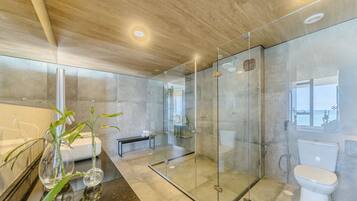 A modern bathroom with a glass-enclosed shower, a bathtub, and a toilet.