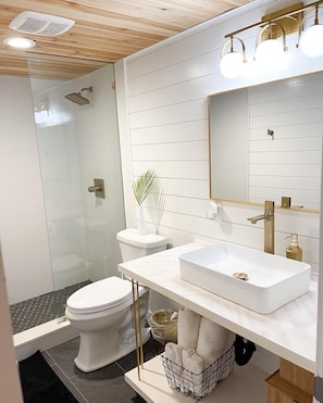 Hair dryer, towels, soap, toilet paper
