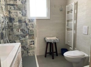 Shower, hair dryer, bidet, towels
