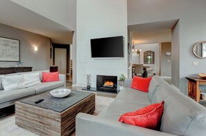 Smart TV, fireplace, books