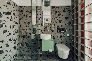 Hair dryer, towels, soap, toilet paper