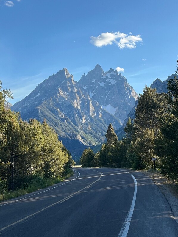 A road curving through a mountainous area with dense forests on either side.