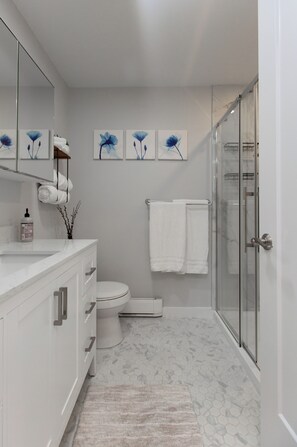 Dusche, Haartrockner, Handtücher, Seife