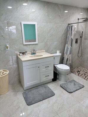 Douche, serviettes fournies, papier toilette