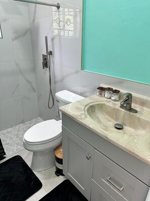 Douche, serviettes fournies, papier toilette