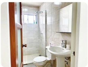 Hair dryer, towels, soap, toilet paper