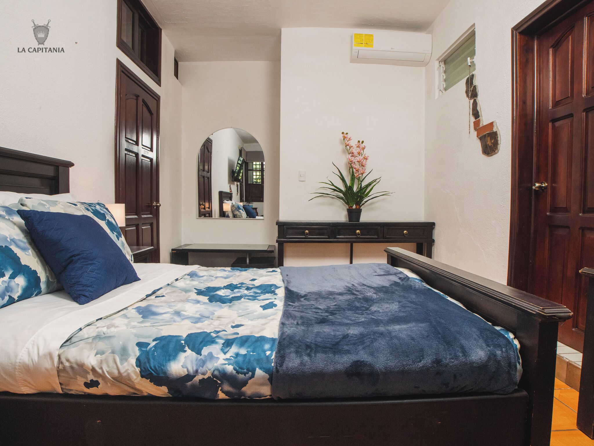 A bedroom with a bed, a desk, a mirror, a potted plant, and a door.