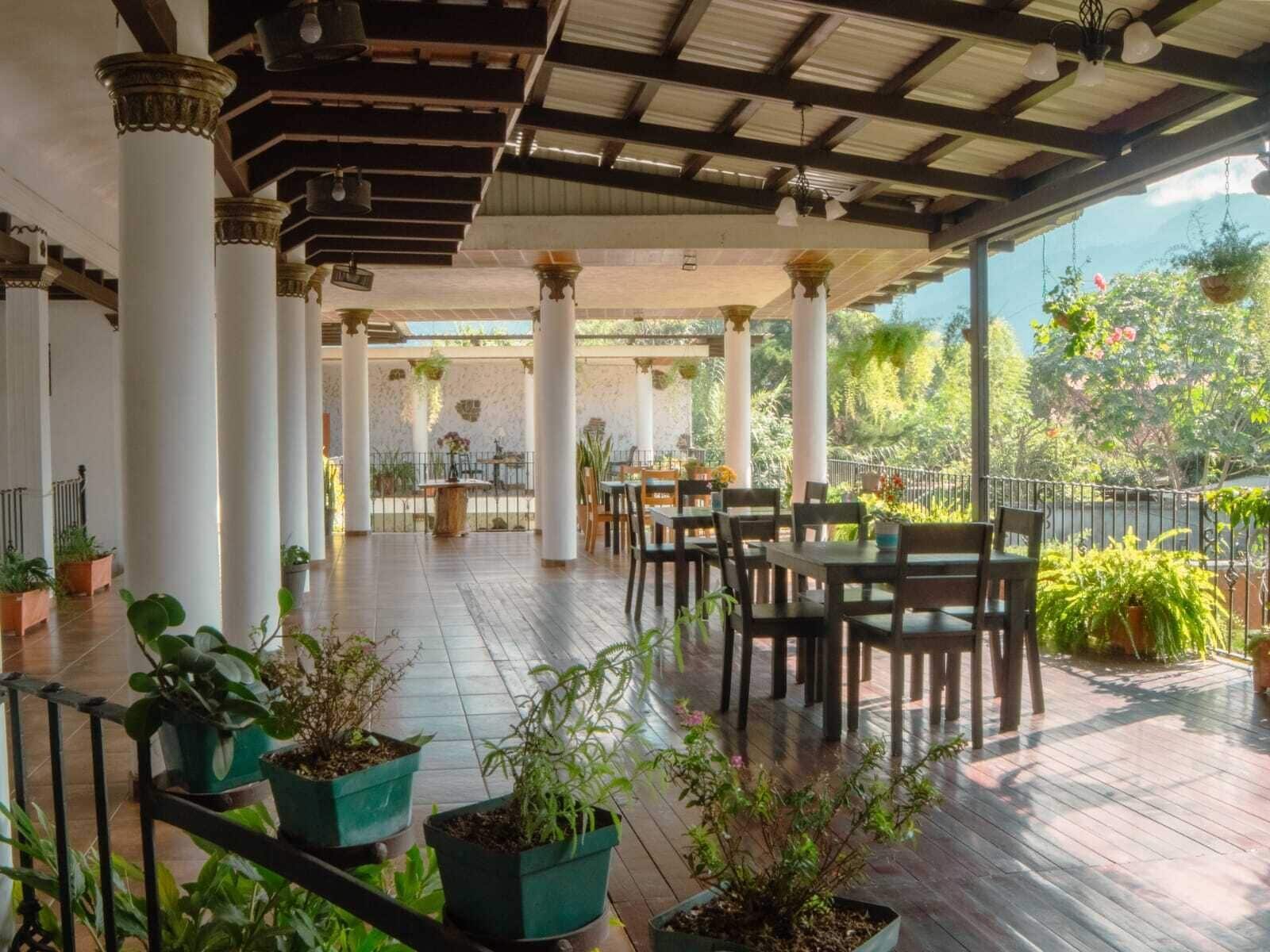 An indoor patio area with tables and chairs, surrounded by potted plants and columns.