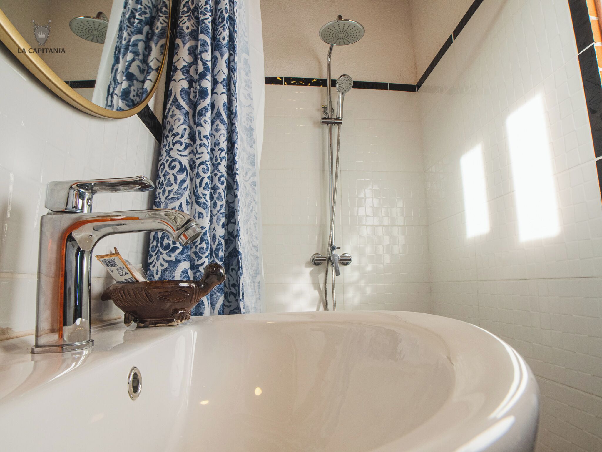 A bathroom with a large white sink, a shower with a handheld showerhead, and a mirror with a gold frame.