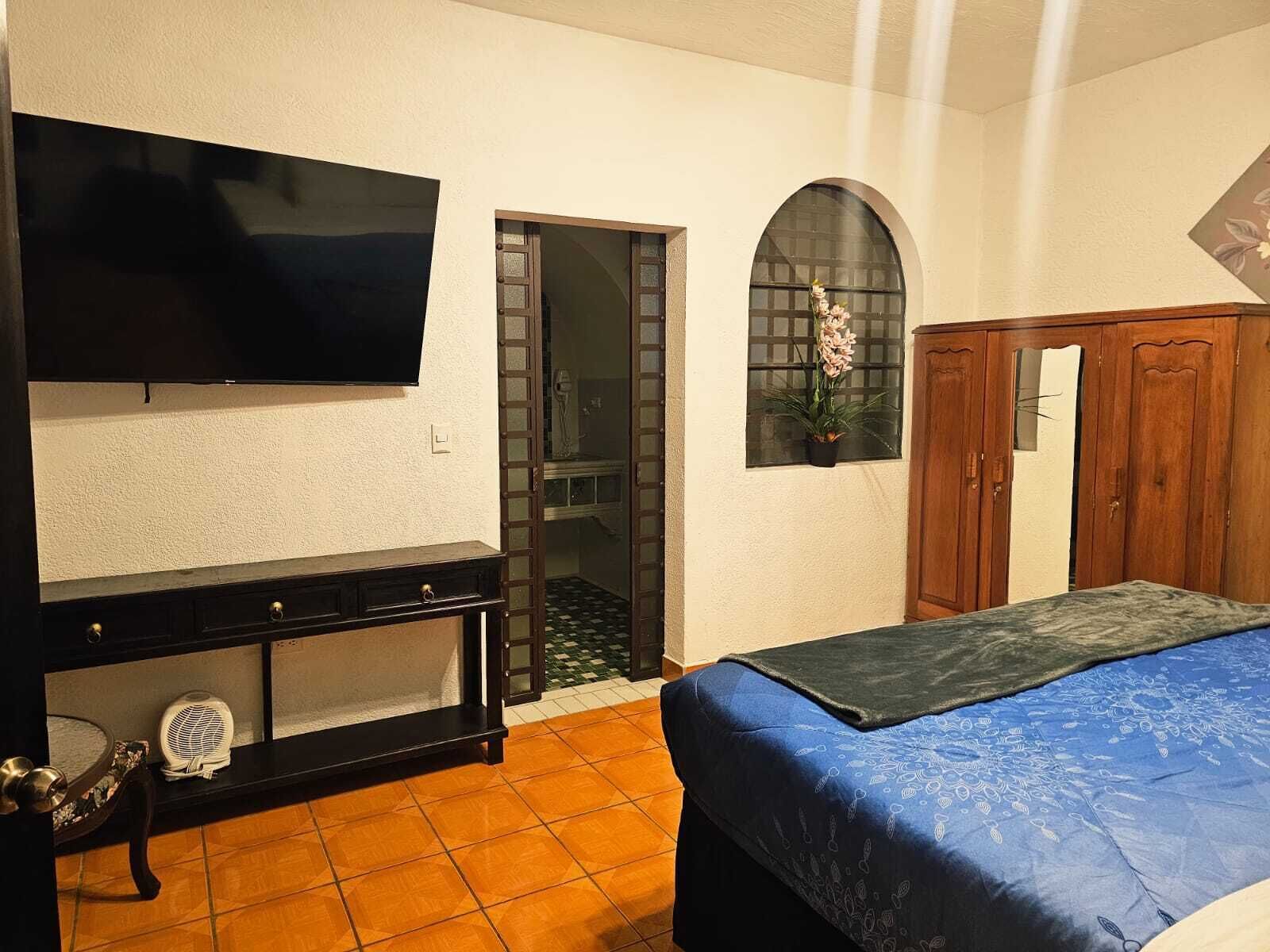 Une chambre avec un lit, une télévision, une armoire et une petite fenêtre avec une plante.