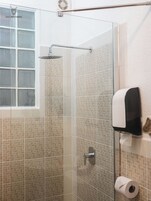 Ducha con puerta de cristal, secador de manos y dispensador de papel higiénico.