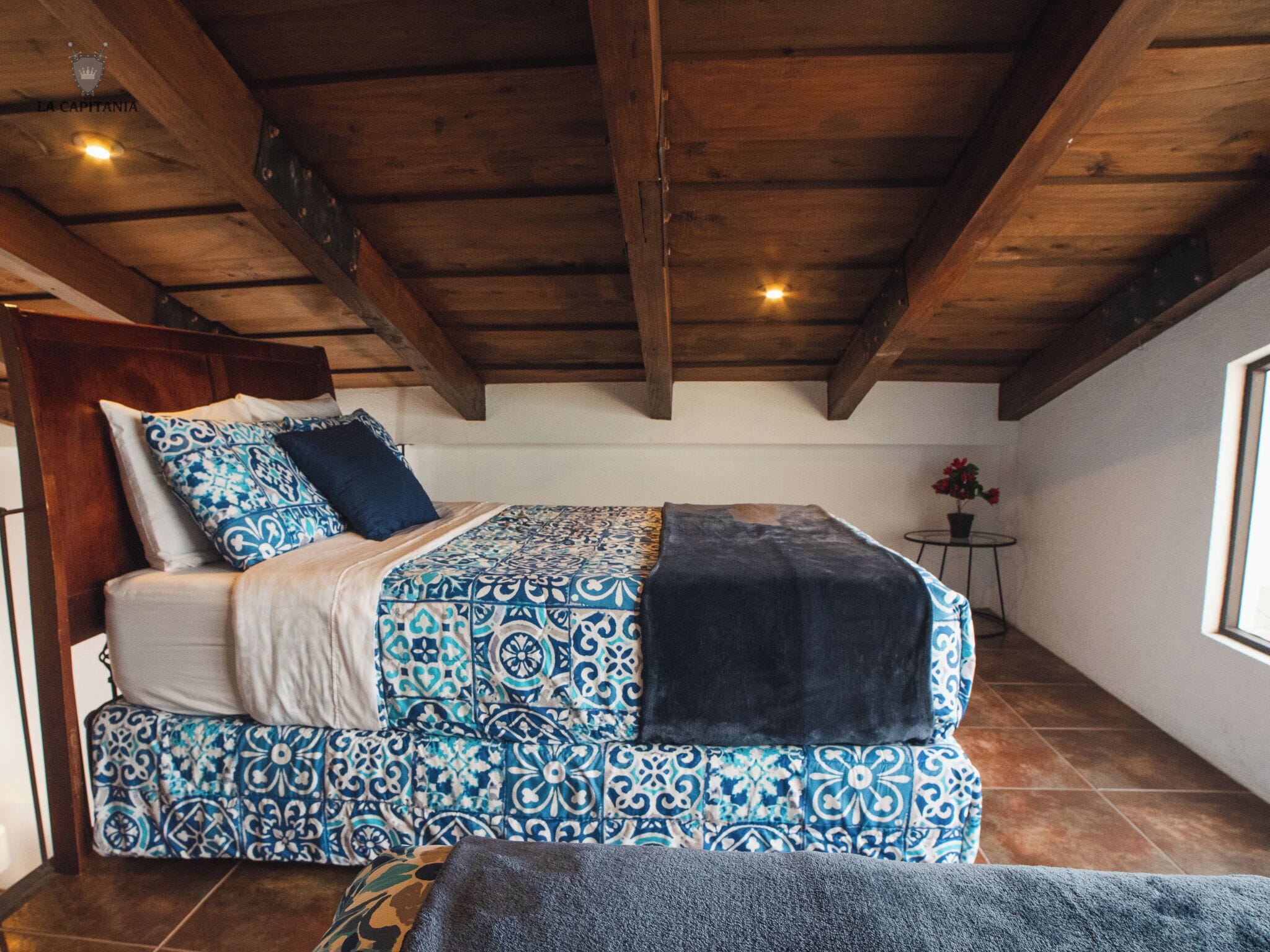 Een slaapkamer met een bed, kussens, een deken, een klein tafeltje met een plant en een raam.