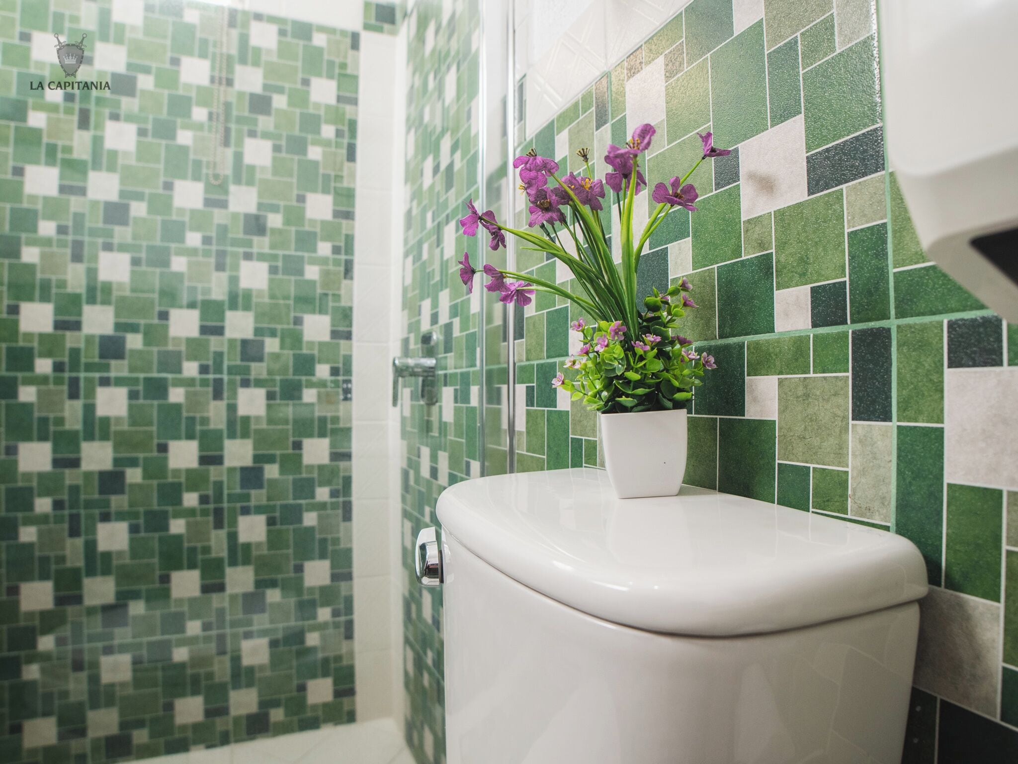 Een badkamer met toilet, een douche met groene mozaïektegels en een potplant met paarse bloemen.