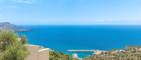 A coastal view with a clear sky, a distant coastline, and a rocky outcrop.