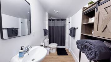 Shower, hair dryer, towels, soap