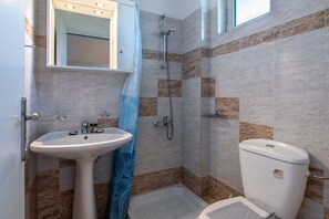 Shower, towels, toilet paper