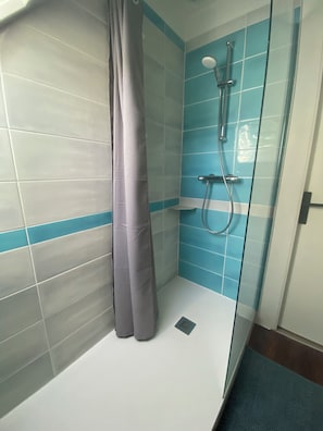 Shower, hair dryer, towels, toilet paper