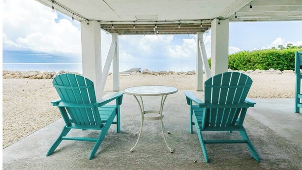Two teal Adirondack chairs and a small round table under a covered patio with a view of the beach and ocean.