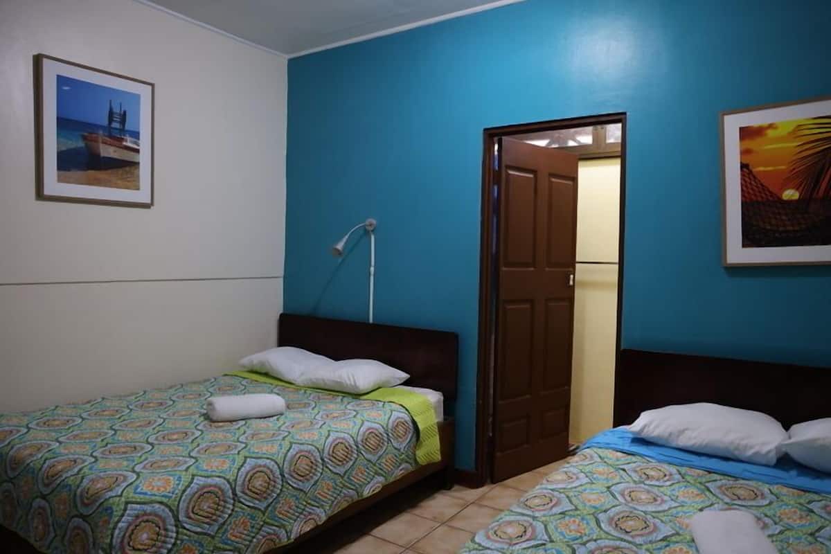 Habitación con dos camas, una puerta y una pared con un cuadro.