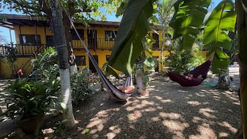 A courtyard with a hammock, potted plants, and a yellow building with balconies.