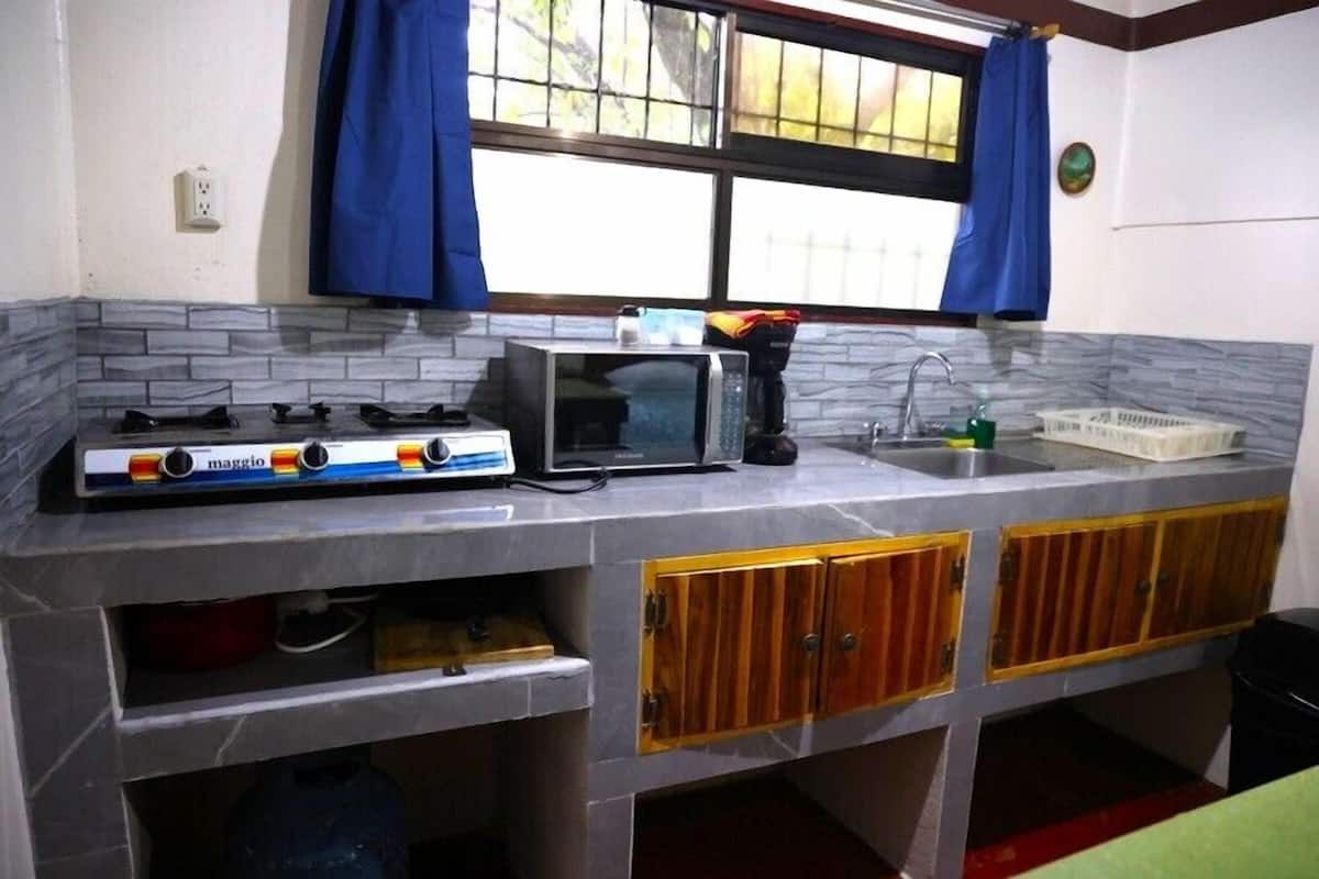 Cocina compacta con estufa a gas, microondas y pileta. Hay muebles bajos de madera debajo de la encimera y una ventana con cortinas azules.